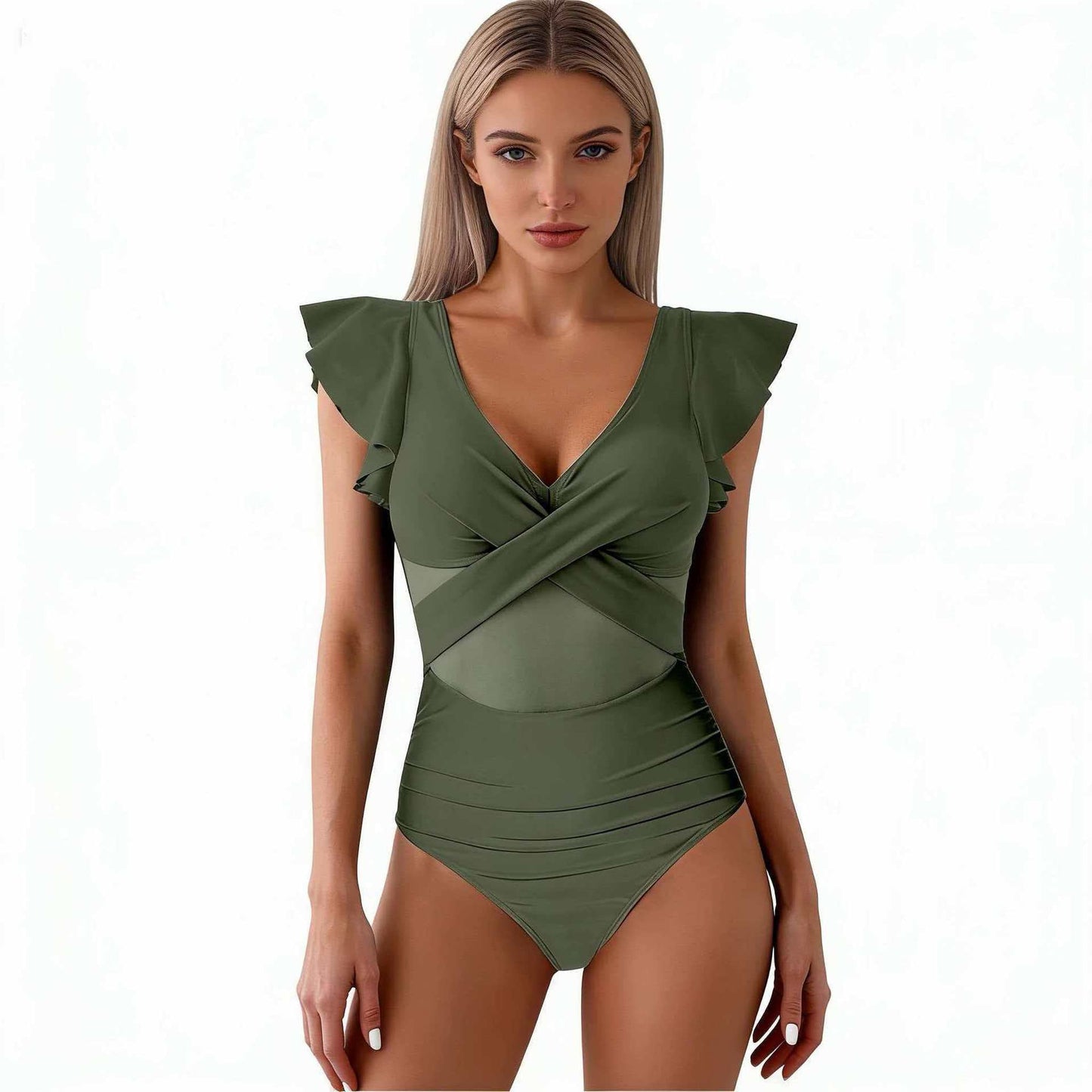 Damski strój kąpielowy jednoczęściowy z falbankami przy rękawach-Swimwear for Women-Olave