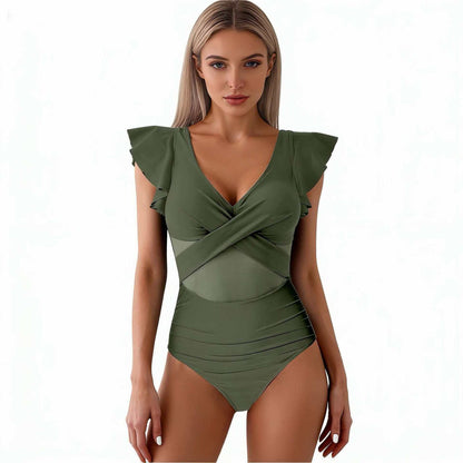 Damski strój kąpielowy jednoczęściowy z falbankami przy rękawach-Swimwear for Women-Olave
