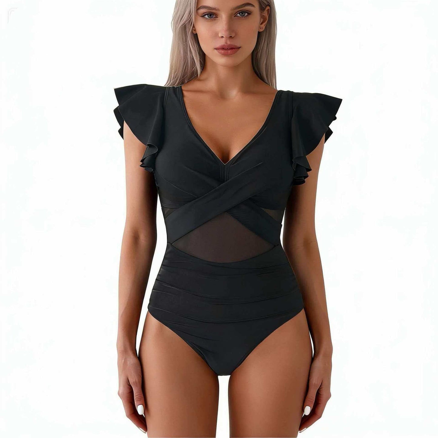 Damski strój kąpielowy jednoczęściowy z falbankami przy rękawach-Swimwear for Women-Olave