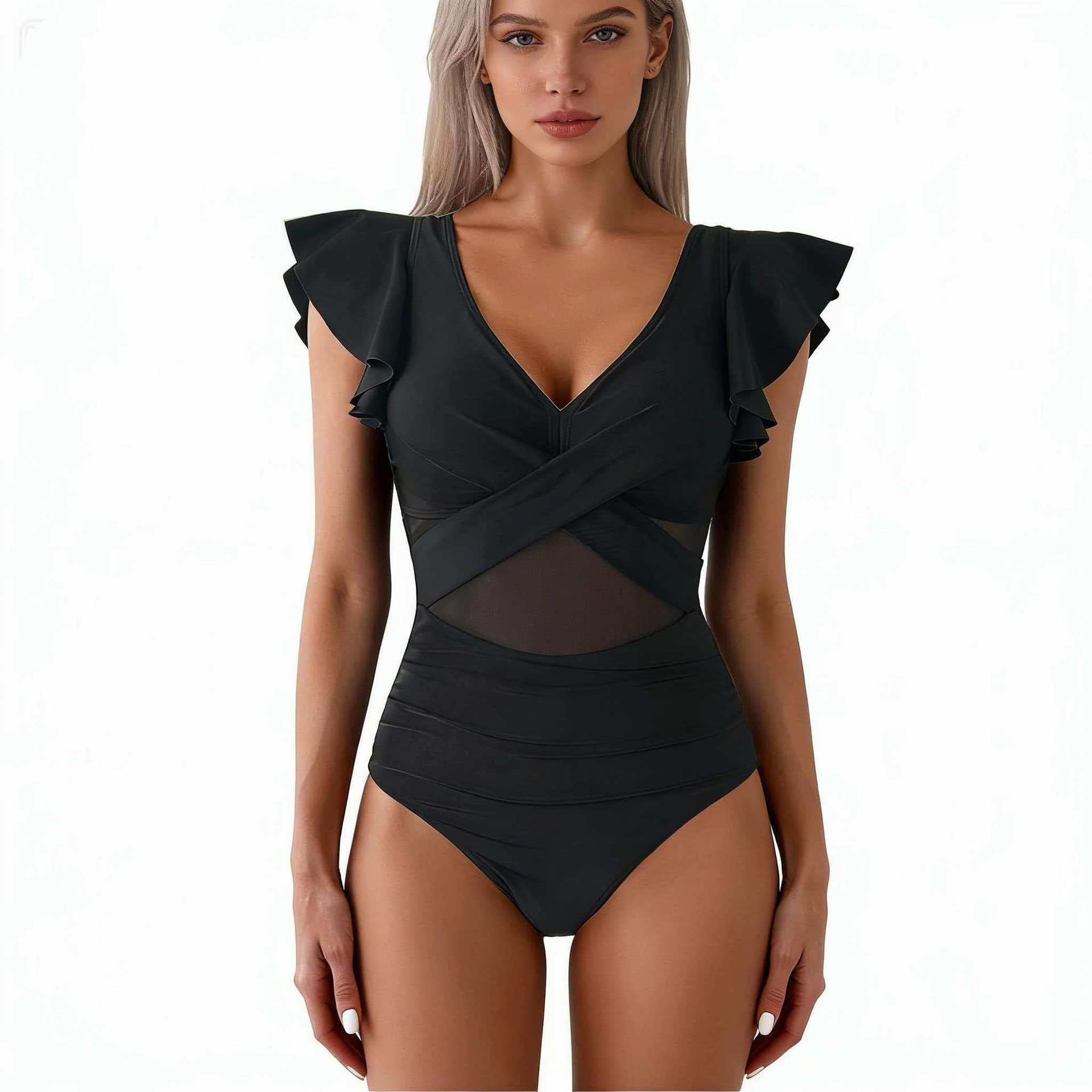 Damski strój kąpielowy jednoczęściowy z falbankami przy rękawach-Swimwear for Women-Olave