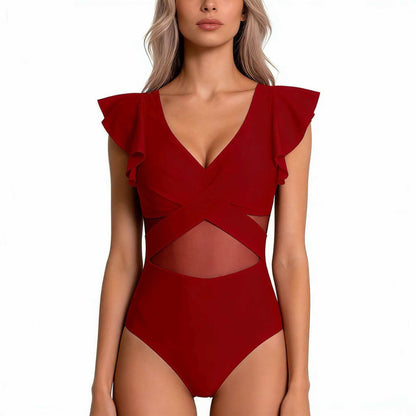 Damski strój kąpielowy jednoczęściowy z falbankami przy rękawach-Swimwear for Women-Olave