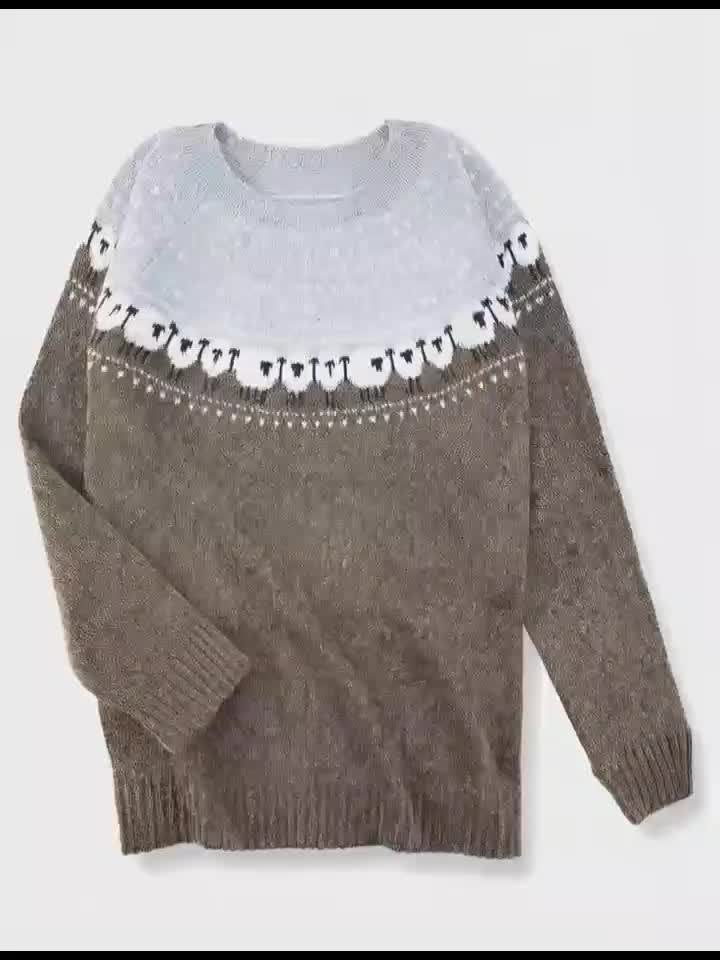 Damski sweter z dzianiny w żakardowy wzór owiec-Sweaters for Women-Olave