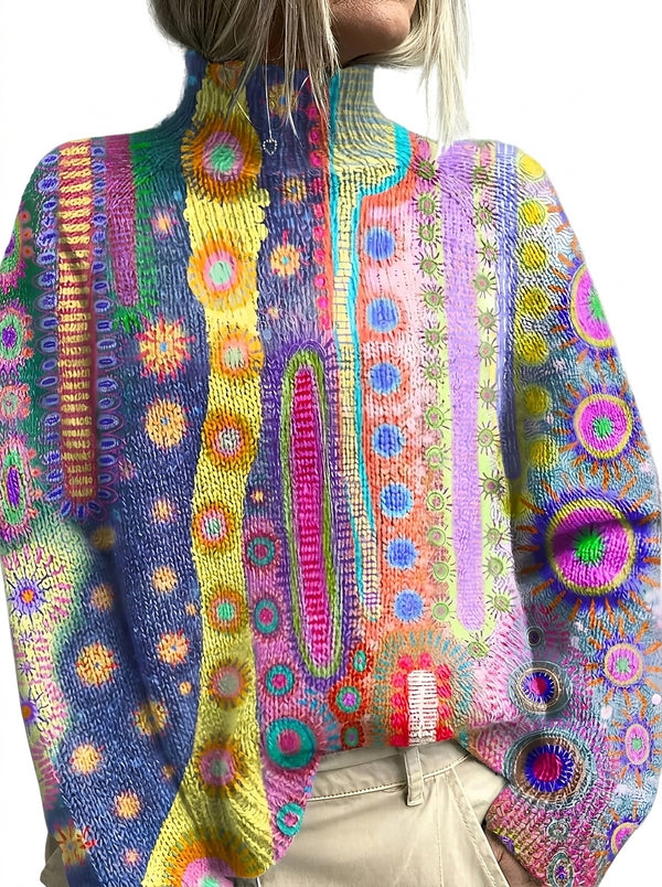 Damski sweter z dzianiny z golfem i abstrakcyjnym wzorem-Sweaters for Women-Olave