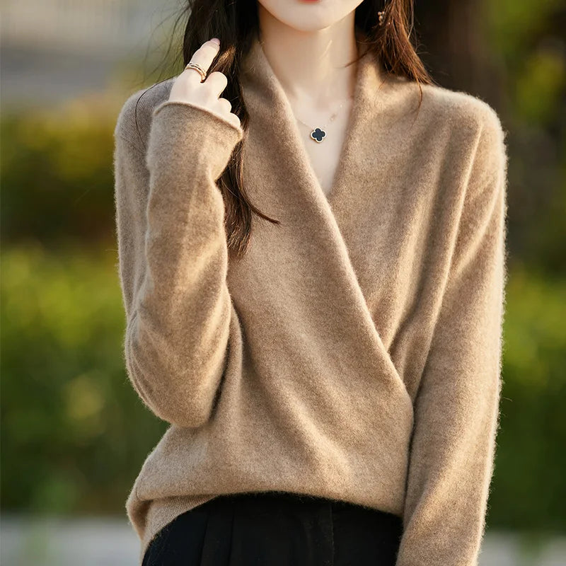 Damski sweter z dzianiny z kopertowym przodem-Sweaters for Women-Olave