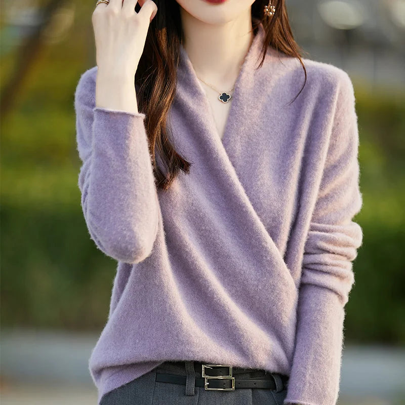 Damski sweter z dzianiny z kopertowym przodem-Sweaters for Women-Olave