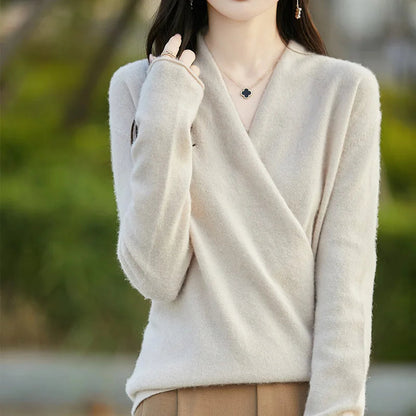 Damski sweter z dzianiny z kopertowym przodem-Sweaters for Women-Olave