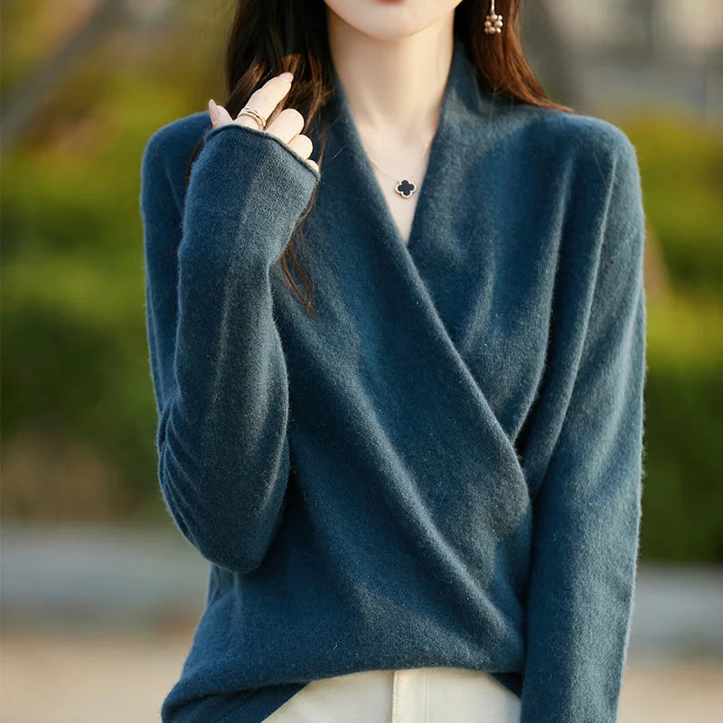 Damski sweter z dzianiny z kopertowym przodem-Sweaters for Women-Olave