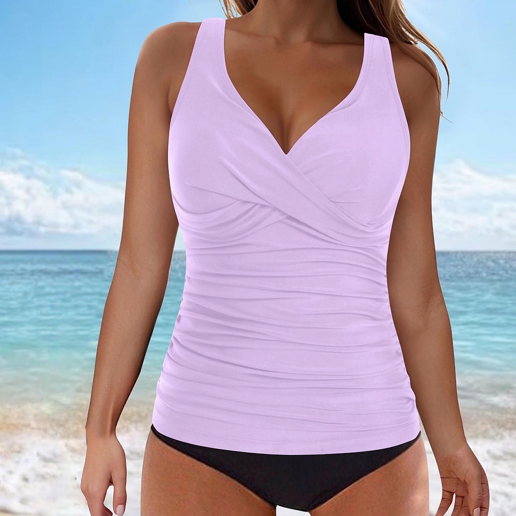 Damski tankini top bez rękawów z dekoltem w serek i marszczeniem-Swimwear for Women-Olave
