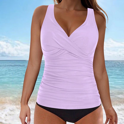 Damski tankini top bez rękawów z dekoltem w serek i marszczeniem-Swimwear for Women-Olave