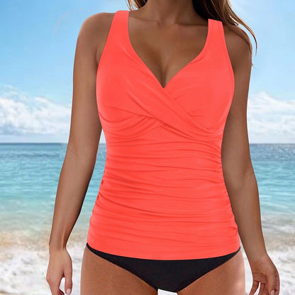 Damski tankini top bez rękawów z dekoltem w serek i marszczeniem-Swimwear for Women-Olave