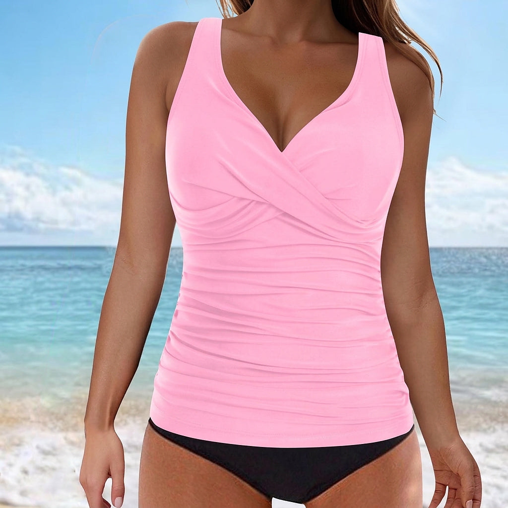 Damski tankini top bez rękawów z dekoltem w serek i marszczeniem-Swimwear for Women-Olave