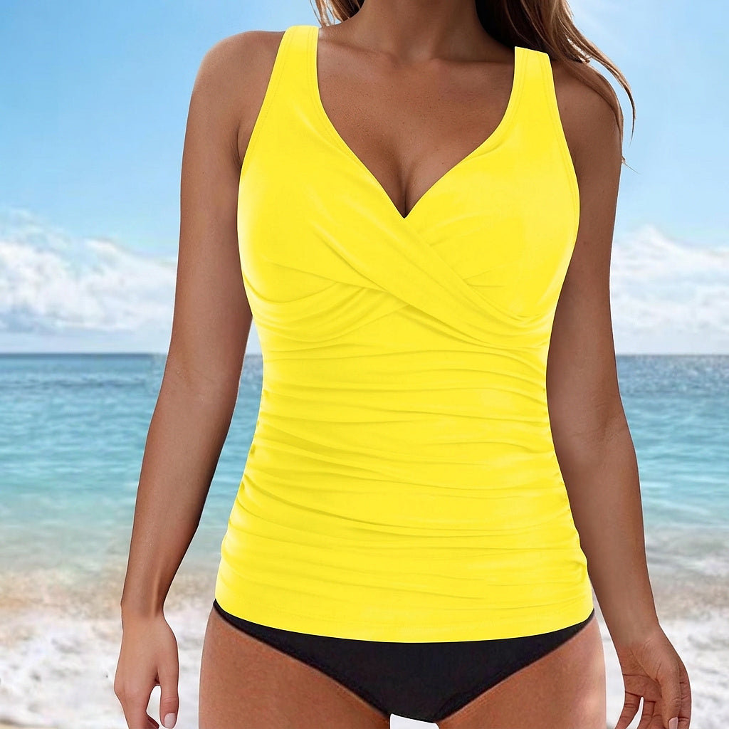 Damski tankini top bez rękawów z dekoltem w serek i marszczeniem-Swimwear for Women-Olave
