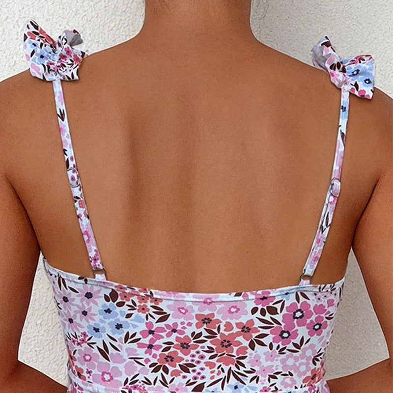 Damski top kąpielowy tankini z falbankami i kwiatowym wzorem-Swimwear for Women-Olave