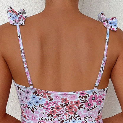 Damski top kąpielowy tankini z falbankami i kwiatowym wzorem-Swimwear for Women-Olave