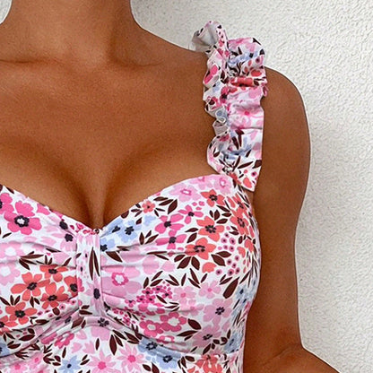 Damski top kąpielowy tankini z falbankami i kwiatowym wzorem-Swimwear for Women-Olave