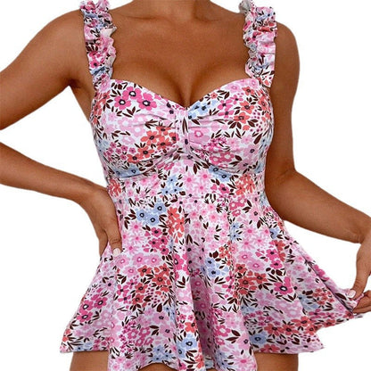 Damski top kąpielowy tankini z falbankami i kwiatowym wzorem-Swimwear for Women-Olave