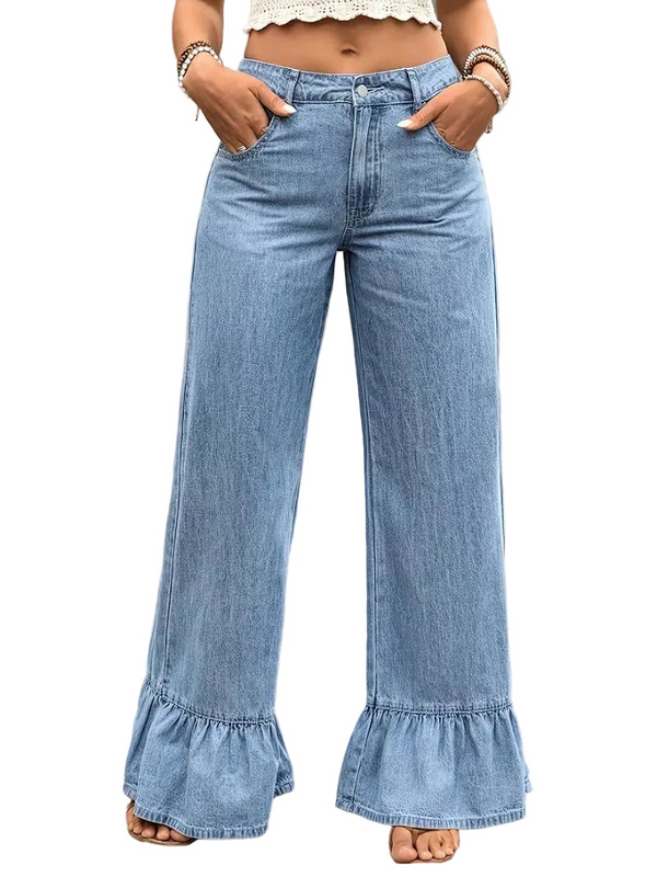 Damskie Spodnie Szerokie Z Falbanką Na Nogawkach-Pants for Women-Olave
