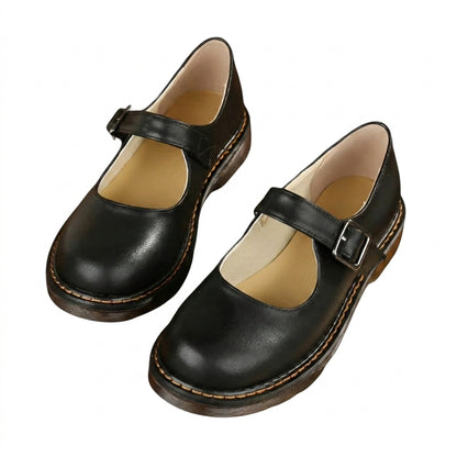 Damskie buty typu Mary Jane z paskiem na klamrę i przeszyciami-Footwear for women-Olave
