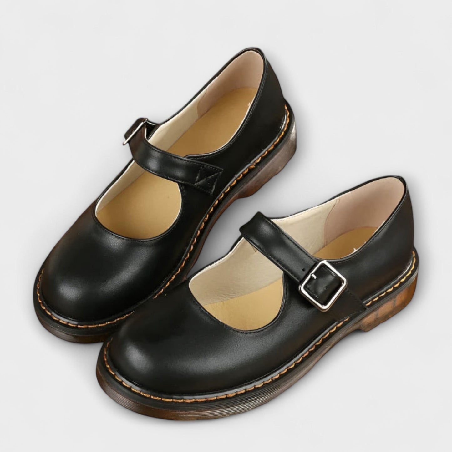 Damskie buty typu Mary Jane z paskiem na klamrę i przeszyciami-Footwear for women-Olave