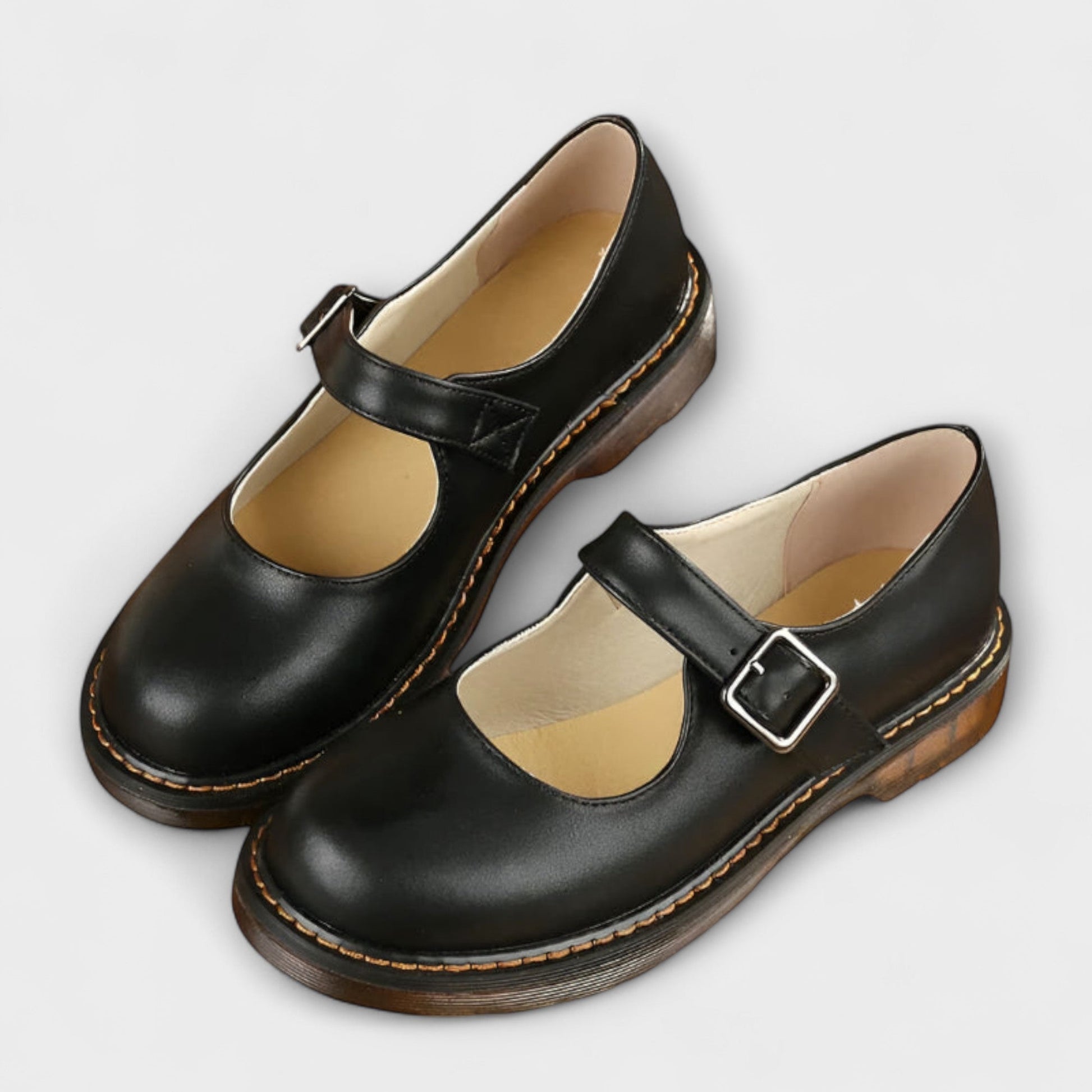 Damskie buty typu Mary Jane z paskiem na klamrę i przeszyciami-Footwear for women-Olave