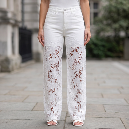 Damskie jeansy z szerokimi nogawkami i koronkowymi wstawkami-Pants for Women-Olave