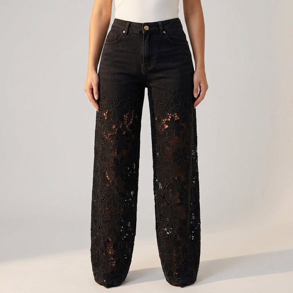 Damskie jeansy z szerokimi nogawkami i koronkowymi wstawkami-Pants for Women-Olave