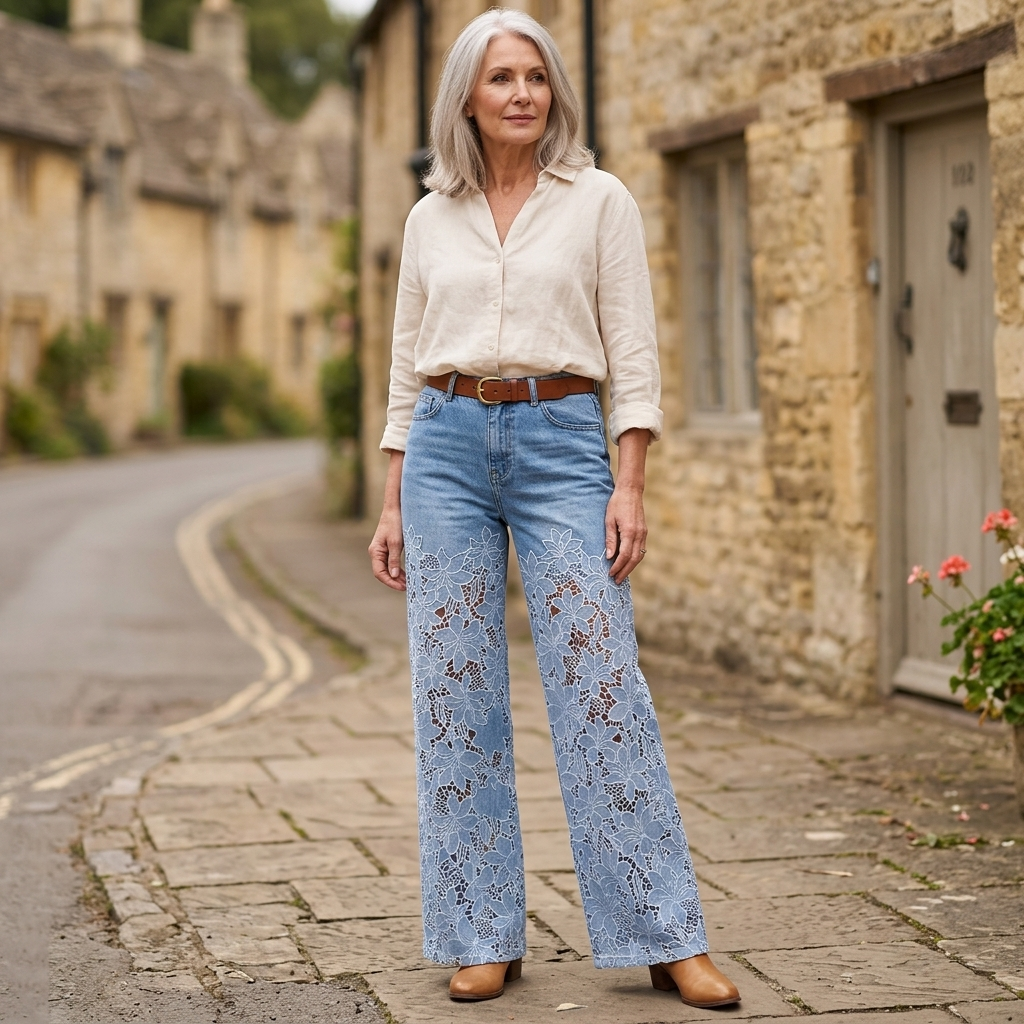 Damskie jeansy z szerokimi nogawkami i koronkowymi wstawkami-Pants for Women-Olave