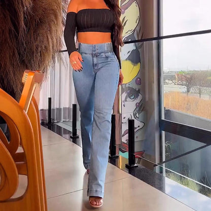 Damskie jeansy z wysokim stanem i rozszerzanymi nogawkami-Pants for Women-Olave
