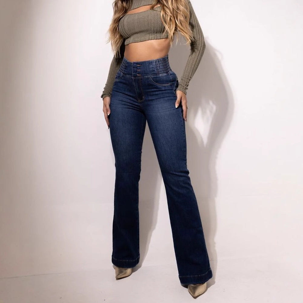 Damskie jeansy z wysokim stanem i rozszerzanymi nogawkami-Pants for Women-Olave