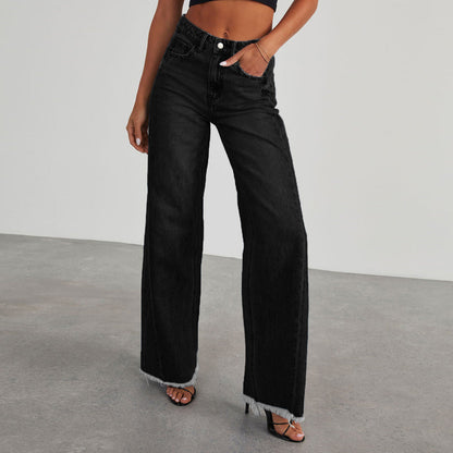 Damskie jeansy z wysokim stanem i szerokimi nogawkami z surowym wykończeniem-Pants for Women-Olave