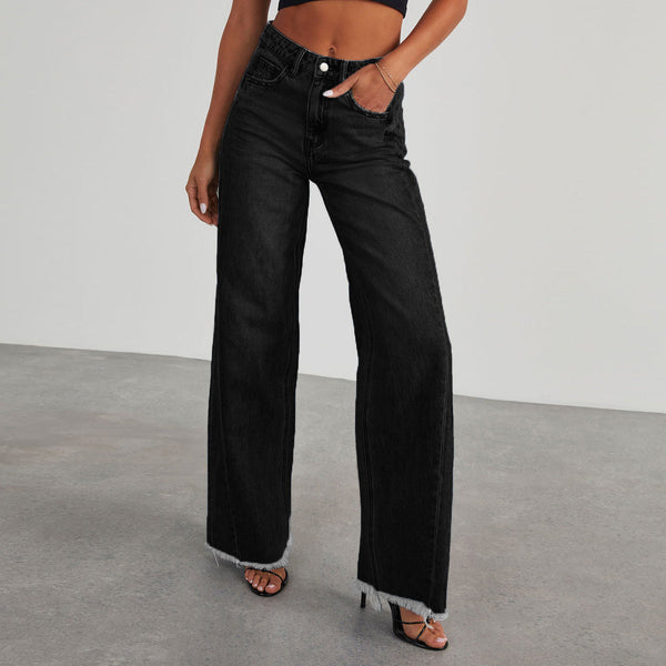 Damskie jeansy z wysokim stanem i szerokimi nogawkami z surowym wykończeniem-Pants for Women-Olave
