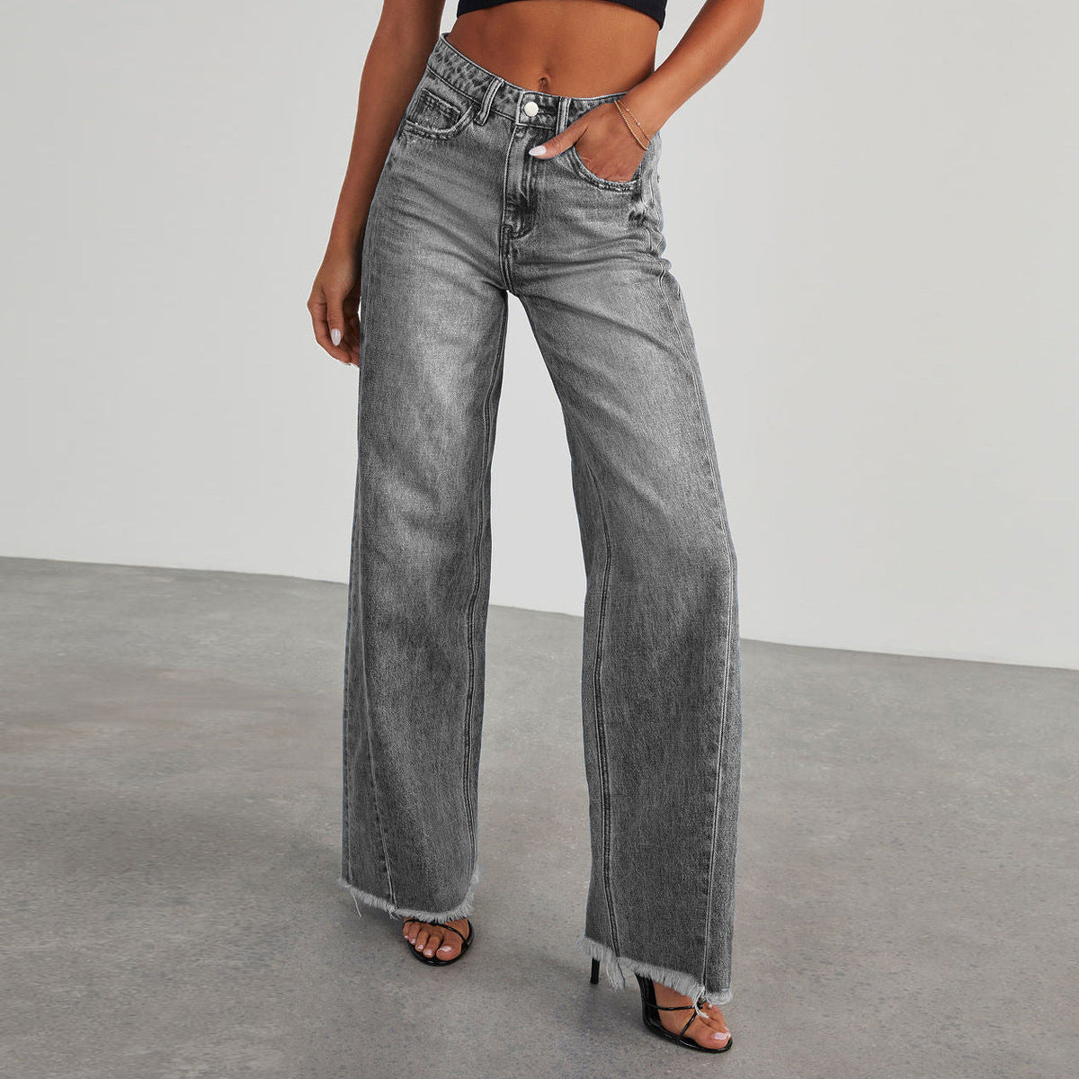 Damskie jeansy z wysokim stanem i szerokimi nogawkami z surowym wykończeniem-Pants for Women-Olave