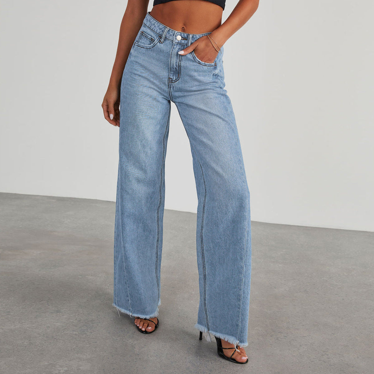 Damskie jeansy z wysokim stanem i szerokimi nogawkami z surowym wykończeniem-Pants for Women-Olave