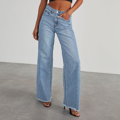 Damskie jeansy z wysokim stanem i szerokimi nogawkami z surowym wykończeniem-Pants for Women-Olave
