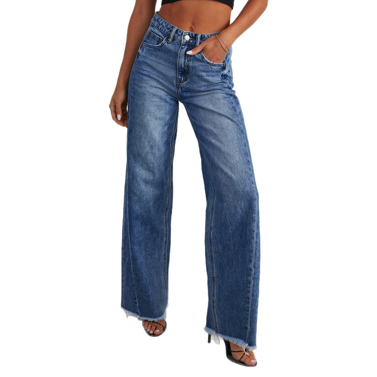 Damskie jeansy z wysokim stanem i szerokimi nogawkami z surowym wykończeniem-Pants for Women-Olave