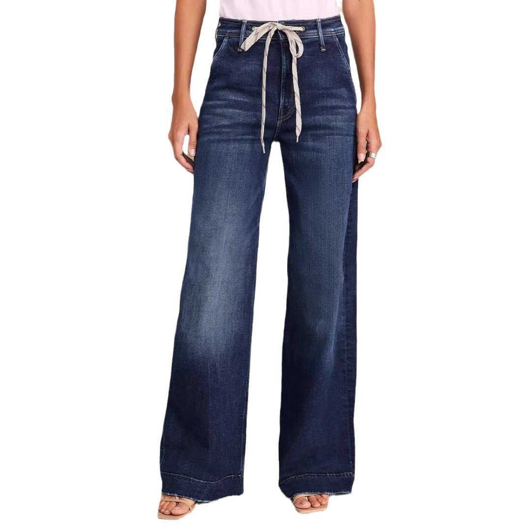 Damskie jeansy z wysokim stanem i szerokimi nogawkami ze sznurkiem-Pants for Women-Olave