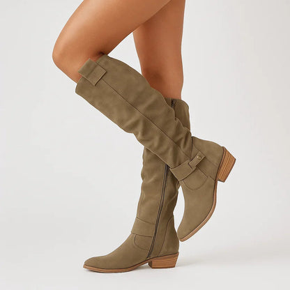 Damskie kozaki zamszowe za kolano z bocznym zamkiem i klockowym obcasem-Footwear for women-Olave