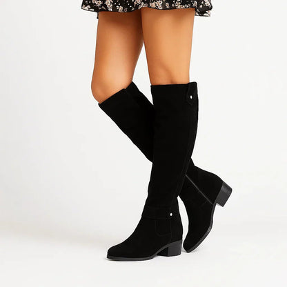 Damskie kozaki zamszowe za kolano z bocznym zamkiem i klockowym obcasem-Footwear for women-Olave