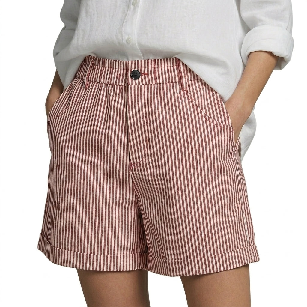 Damskie krótkie spodenki w pionowe paski z wysokim stanem i wywiniętymi nogawkami-Shorts for men-Olave