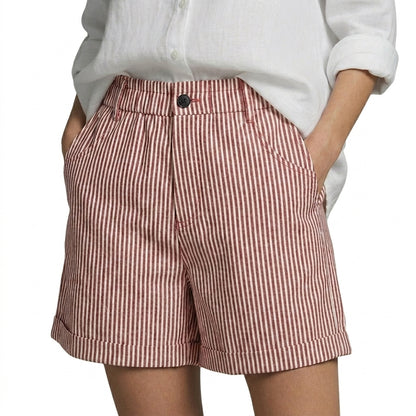 Damskie krótkie spodenki w pionowe paski z wysokim stanem i wywiniętymi nogawkami-Shorts for men-Olave