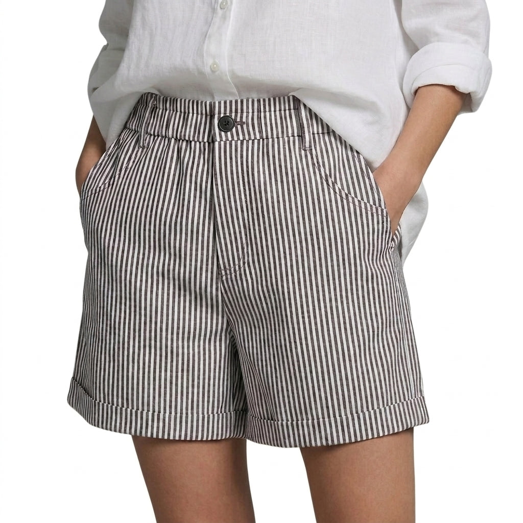 Damskie krótkie spodenki w pionowe paski z wysokim stanem i wywiniętymi nogawkami-Shorts for men-Olave