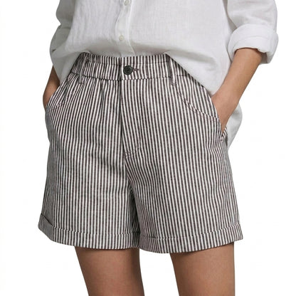 Damskie krótkie spodenki w pionowe paski z wysokim stanem i wywiniętymi nogawkami-Shorts for men-Olave