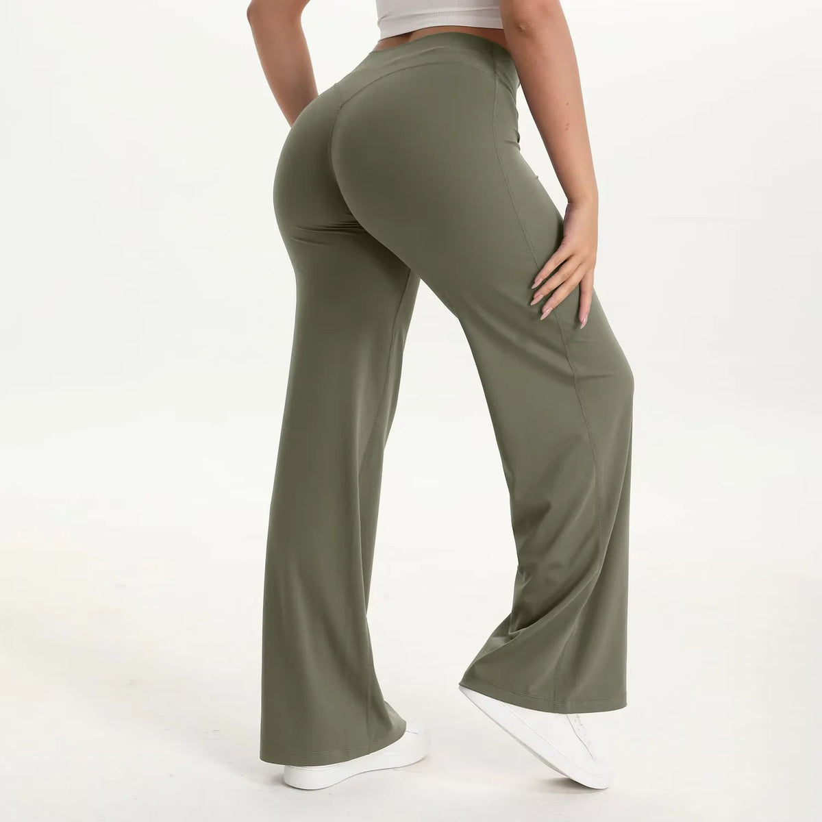 Damskie spodnie do jogi z wysokim stanem i szerokimi nogawkami-Pants for Women-Olave