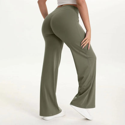 Damskie spodnie do jogi z wysokim stanem i szerokimi nogawkami-Pants for Women-Olave