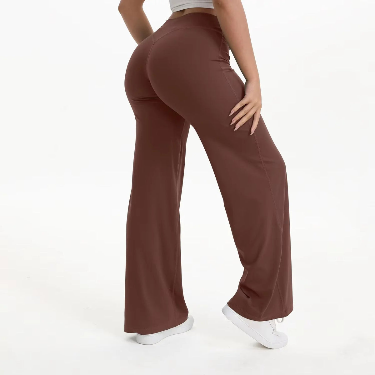 Damskie spodnie do jogi z wysokim stanem i szerokimi nogawkami-Pants for Women-Olave