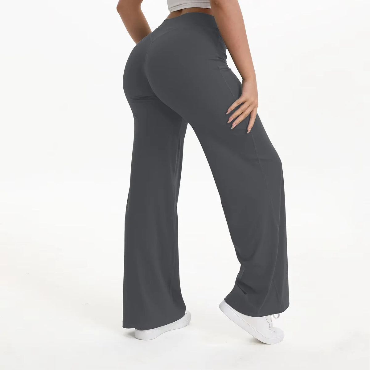 Damskie spodnie do jogi z wysokim stanem i szerokimi nogawkami-Pants for Women-Olave