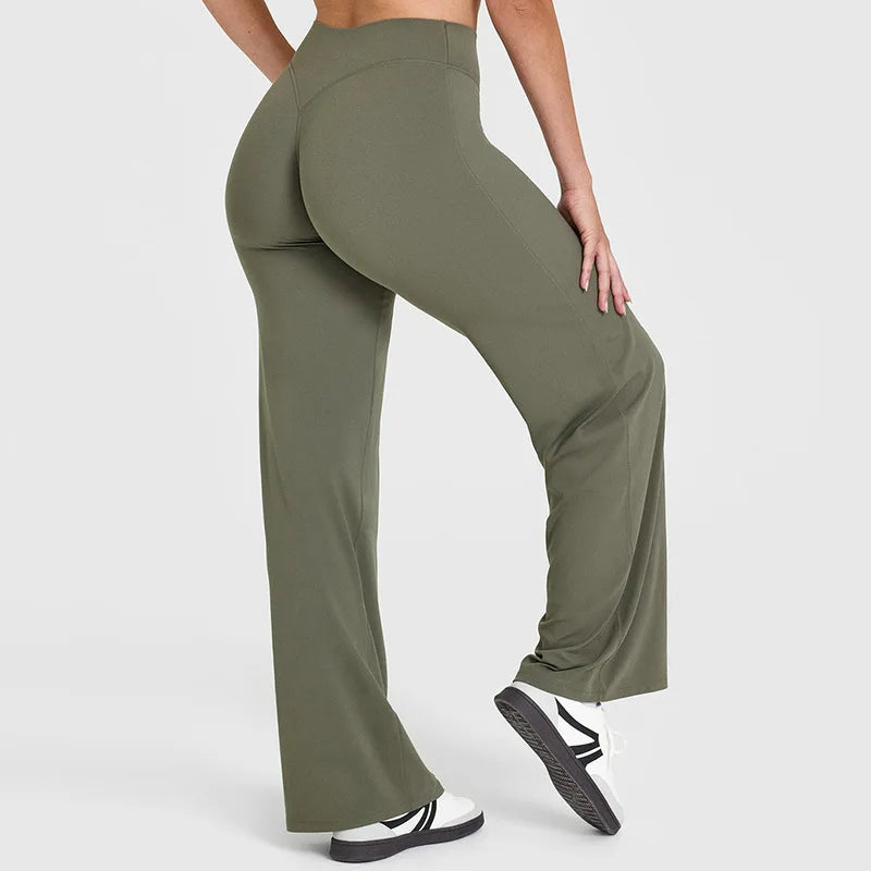 Damskie spodnie do jogi z wysokim stanem i szerokimi nogawkami-Pants for Women-Olave