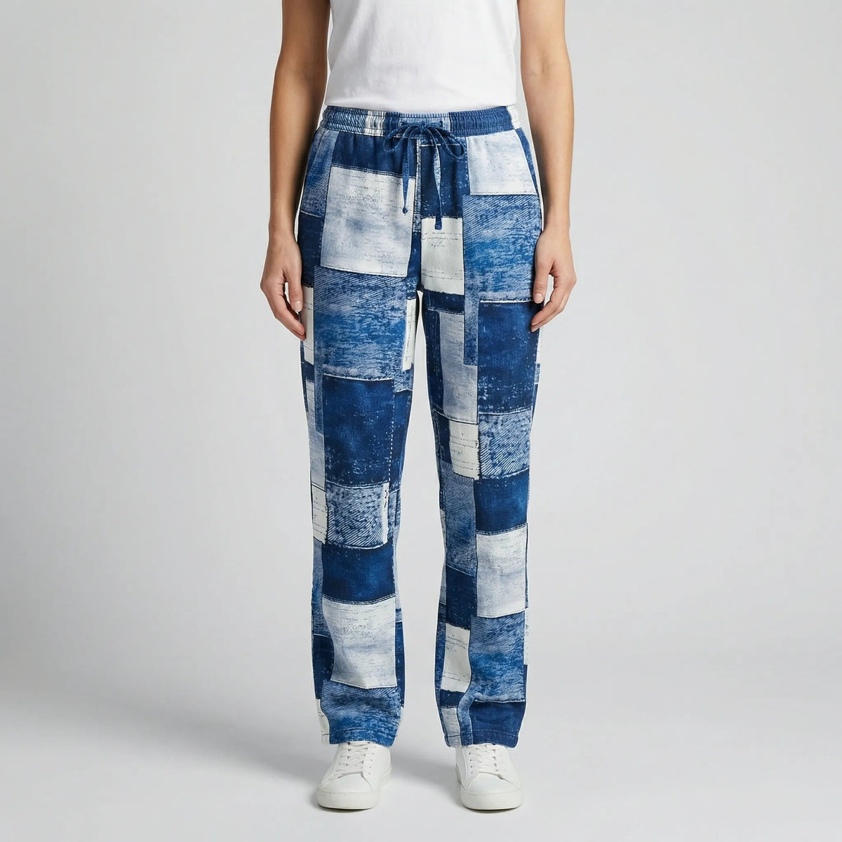 Damskie spodnie jeansowe z prostymi nogawkami i wzorem patchwork-Pants for Women-Olave
