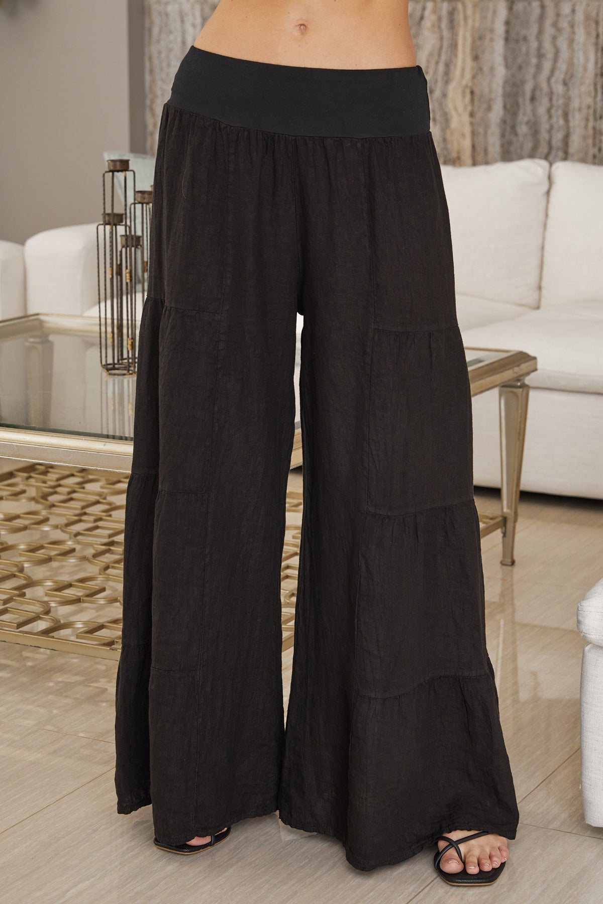 Damskie spodnie palazzo z szerokimi nogawkami i falbanami-Pants for Women-Olave