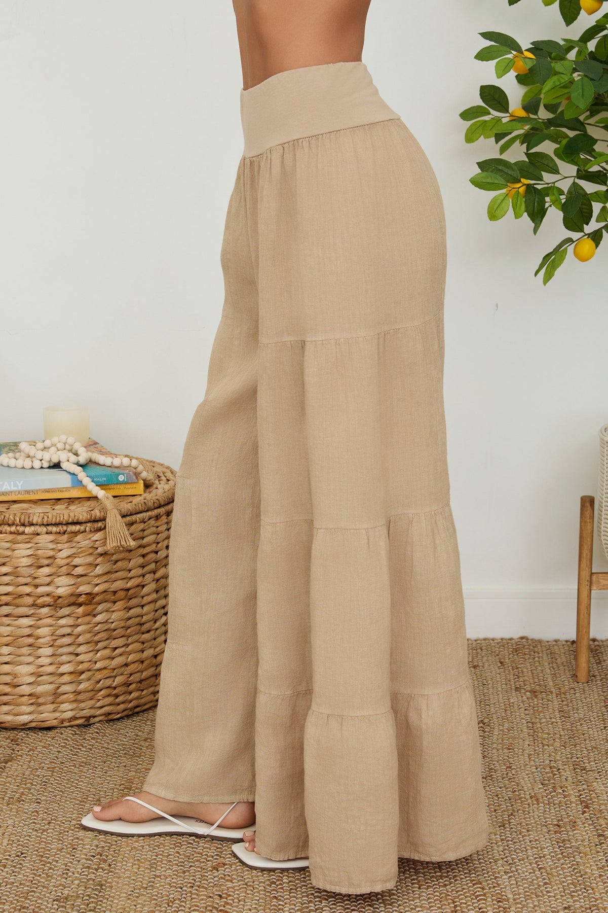 Damskie spodnie palazzo z szerokimi nogawkami i falbanami-Pants for Women-Olave